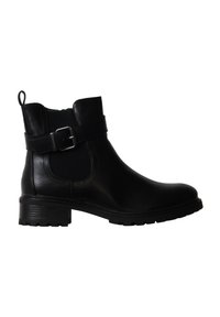 Bottine en cuir noir avec petit talon bloc, panneau élastique latéral et bride décorative à boucle sur fond blanc.
