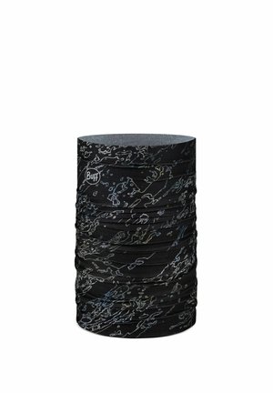 Écharpe tubulaire multifonction noire avec des lignes lumineuses abstraites subtiles et un petit logo « Buff » sur le côté.