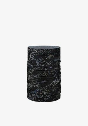 Écharpe tubulaire multifonction noire avec des lignes lumineuses abstraites subtiles et un petit logo « Buff » sur le côté.