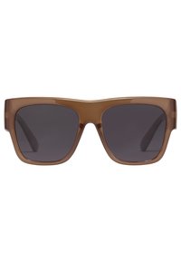 Ochelari de soare din acetat maro, cu lentile mari, pătrate și o nuanță de gri închis. Design elegant al ramei, cu brațe groase, având o finisare netedă și lucioasă.