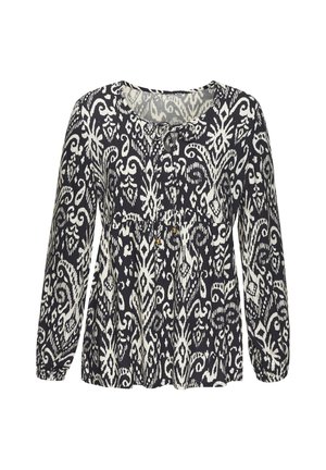 Blouse à manches longues bleu marine et crème présentant des motifs tourbillonnants élaborés, un col rond avec une attache et une silhouette ample et fluide.