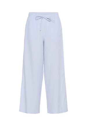 Pantaloni largi de culoare albastru deschis, cu dungi verticale albe, talie elastică cu șnur, material moale și design până la gleznă.