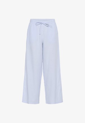 Lichtblauwe wijde broek met verticale witte strepen, elastische tailleband met verstelkoord, zachte stof en enkellange ontwerp.