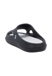 Black resin sandal with open design. Features perforations for breathability, textured white insole, and a curved silhouette.