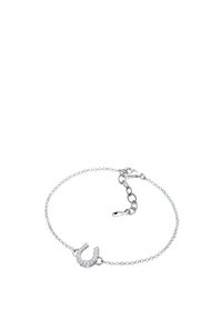 Silberner Kettenarmband mit einem Hufeisenanhänger, der mit klaren Steinen verziert ist. Zarte Glieder mit einem Karabinerverschluss und variabler Länge.