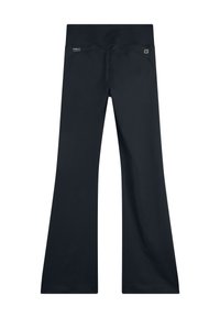 Pantaloni neri a zampa d'elefante con una texture liscia e una cintura elastica. Presentano un'etichetta con logo sul retro, progettati per comfort e flessibilità.