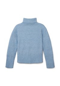 Heller blauer Wollrollkragenpullover mit gerippten Details am Kragen und Saum. Die Stofftextur wirkt weich und leicht flauschig.