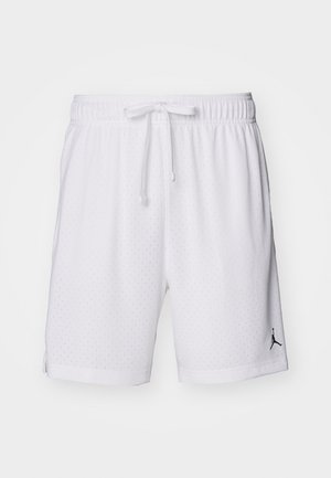 Shorts de sport blancs avec une texture en maille, taille élastique et cordon de serrage. Présente un logo noir en bas à gauche.