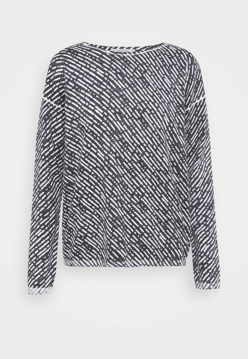 Schwarz-weißer Langarmtop mit einem gemusterten Design und variierender Strichstärke. Runder Halsausschnitt, lockere Passform und weicher Stofftextur.