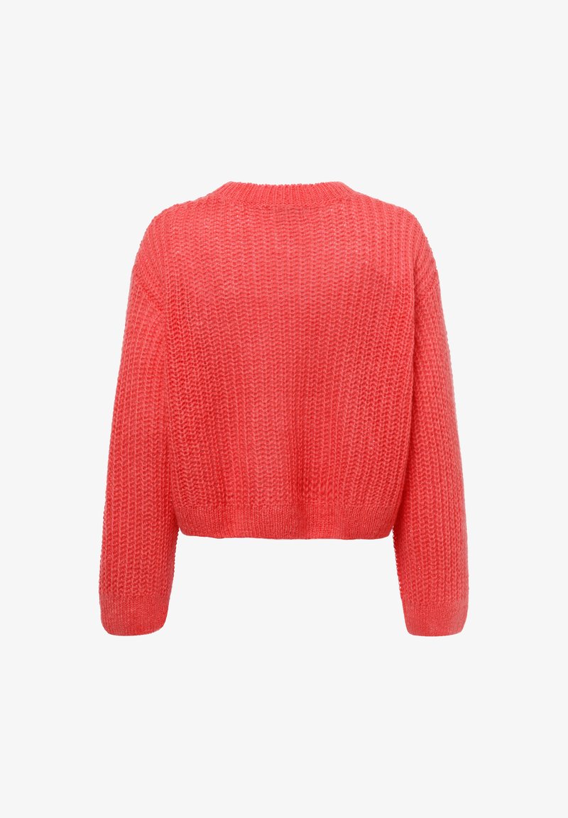 Korallfarbener gestrickter Pullover mit cropped Schnitt, langen Ärmeln und strukturiertem Muster. Verfügt über einen runden Halsausschnitt und gerippten Saum.