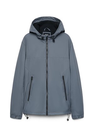 Giacca grigia con cappuccio, cerniera frontale, due tasche laterali con zip, polsini regolabili e coulisse su cappuccio e orlo.