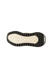 Suola di scarpa in gomma nera con una superficie bianca strutturata e motivo, caratterizzata da scanalature profonde e rilievi per una presa e trazione ottimali.