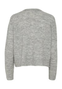 Pull gris court avec une texture douce, des manches larges et un col rond. Présente un motif chiné subtil et un ourlet côtelé.