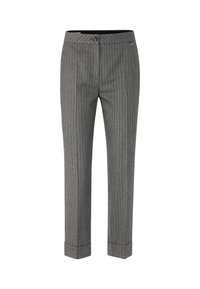 Gray pinstriped trousers with a tailored fit, featuring a button closure and cuffed hems, made from textured fabric.