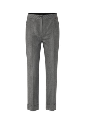 Gray pinstriped trousers with a tailored fit, featuring a button closure and cuffed hems, made from textured fabric.