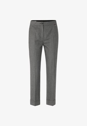 Gray pinstriped trousers with a tailored fit, featuring a button closure and cuffed hems, made from textured fabric.