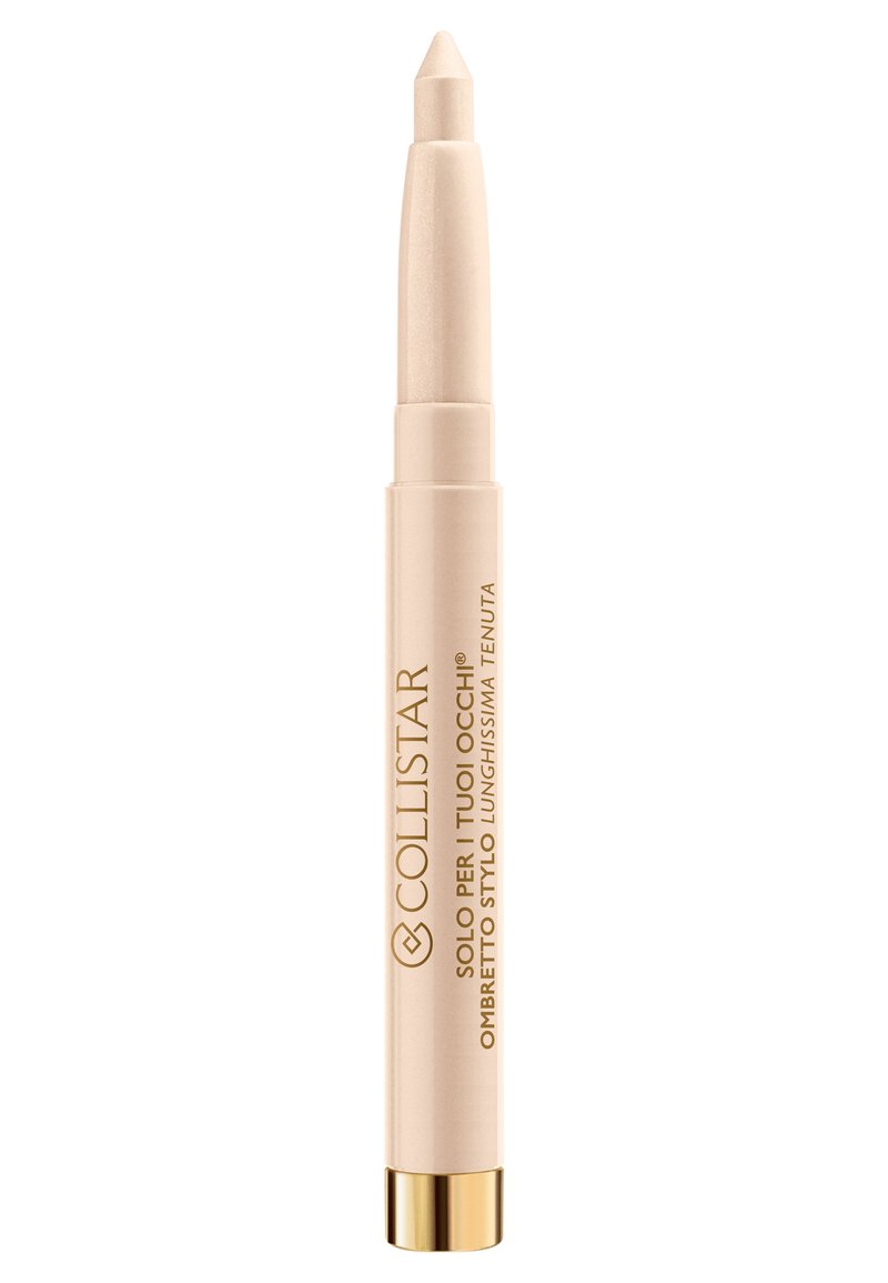 Crayon ombre à paupières crémeux Collistar en beige clair, forme cylindrique, finition lisse, base dorée accentuée, avec le texte de la marque et le nom du produit affichés.