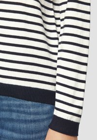 Gestreifter Pullover in Weiß und Marineblau mit geripptem Halsausschnitt und Bündchen. Die Textur wirkt weich und ist mit blauer Denim am unteren Ende kombiniert.