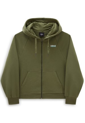 Olive green zip-up hoodie with drawstrings, front pockets, ribbed cuffs and hem, and small Vans logo on the left chest.