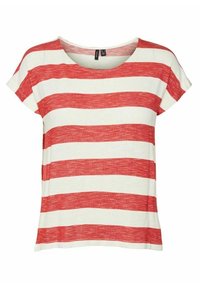 T-shirt à manches courtes rouge et blanche à rayures, avec un col rond ; en tissu léger avec une apparence légèrement texturée.
