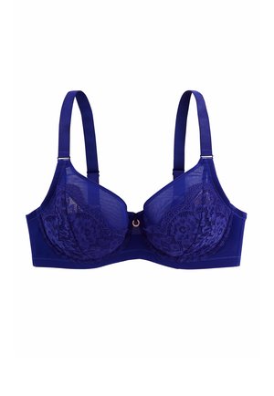 Soutien-gorge bleu profond avec détail floral en dentelle, bretelles ajustables et petite décoration métallique circulaire au centre avant.