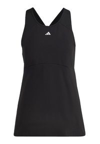 Débardeur de sport noir avec encolure en V et dos nageur, fabriqué en tissu léger. Dispose d'un logo blanc sur la partie supérieure de la poitrine.