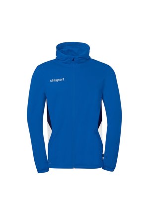Blå sportsjakke med lynlås og hætte, med hvidt "uhlsport"-logo på venstre bryst og sidelommer, designet til atletisk brug.