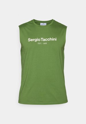 Green sleeveless T-shirt made from cotton. Features white text “Sergio Tacchini EST. 1966” centered across the chest. Simple design, solid color.