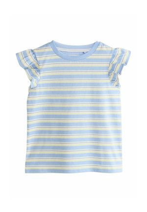 Světle modré bavlněné tričko se žlutými a bílými vodorovnými pruhy, krátkými volánovými rukávy a kulatým výstřihem. Měkká textura a volný ležérní střih.