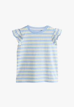 T-shirt en coton bleu clair avec des rayures horizontales jaunes et blanches, manches courtes à volants et col rond. Texture douce et coupe décontractée.