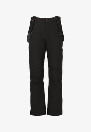 Schwarze Schneehosen mit verstellbaren Trägern, Reißverschlusstaschen, verstärkten Knien, geradem Beinschnitt und einer glatten, wasserabweisenden Oberfläche.