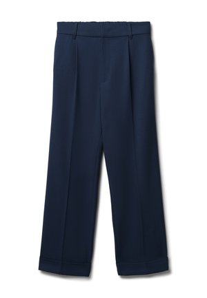 Pantaloni navy blu a gamba larga con una parte anteriore plissettata e orlo con risvolto. Realizzati in un tessuto morbido e leggero con una vita elastica.