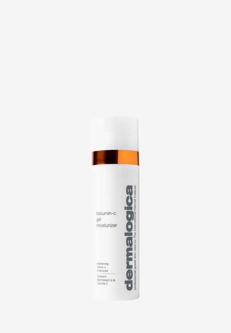 Bouteille cylindrique blanche avec un capuchon brillant et une bande d'accent orange. L'étiquette porte un texte noir en gras indiquant "gel hydratant biolumin-c de dermalogica."