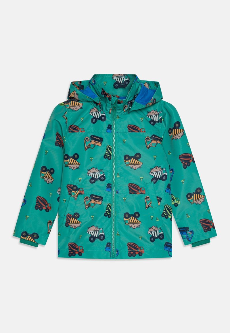 Veste de pluie résistante à l'eau de couleur sarcelle, dotée d'une capuche et de motifs de véhicules ludiques. Texture lisse avec zip frontal et poignets élastiques.