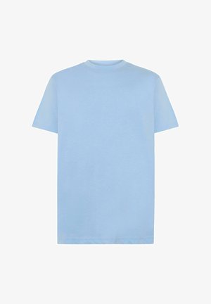 Light blue cotton t-shirt with short sleeves, round neck, and a straight cut. Smooth texture and minimal design, no visible patterns or accents.
