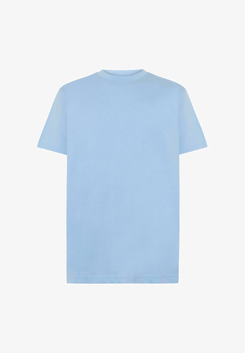 Light blue cotton t-shirt with short sleeves, round neck, and a straight cut. Smooth texture and minimal design, no visible patterns or accents.