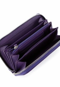Purple leather wallet with multiple card slots, a zipped compartment, and a zippered closure. Features textured surface and tailored design.