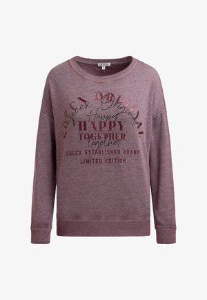 Purple sweatshirt with long sleeves, round neck, and text graphic in varying fonts. Made of soft fabric, featuring a relaxed fit and ribbed cuffs.