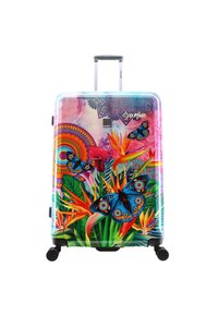 Hard-shell suitcase with vibrant floral and butterfly graphic design, featuring a retractable handle and four wheels for mobility.