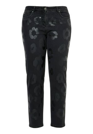 Jeans skinny neri con stampa floreale grigio scuro sottile, tasche frontali e chiusura con bottoni.