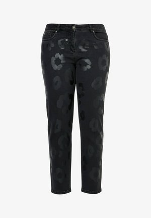 Černé úzké džíny s jemným tmavě šedým květinovým potiskem, předními kapsami a zapínáním na knoflík.