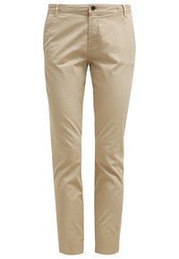 Pantalon beige pour homme coupe slim avec fermeture bouton et zip, passants pour ceinture et poches latérales avant.