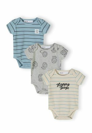 Trzy krótkie body niemowlęce: niebieskie z ciemnymi paskami, szare z nadrukami lwów, kremowe z niebieskimi paskami i napisem "Szczęśliwe Dni".