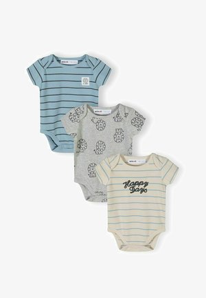 Három rövid ujjú baba body: kék sötét csíkokkal, szürke oroszlános mintákkal, krém színű kék csíkokkal és "Happy Days" felirattal.