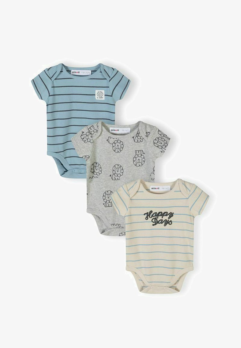 Trois bodies bébé à manches courtes : bleu rayé foncé, gris avec des imprimés de lion, crème avec des rayures bleues et le texte « Happy Days ».