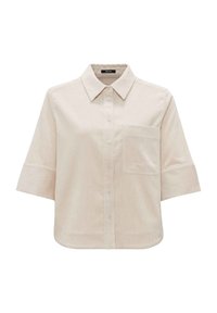 Beige kurzärmliges Hemd mit knöpfbarem Kragen, weiten Umschlagsärmeln, spitzem Kragen, einer Brusttasche und einer kastigen, cropped Passform.