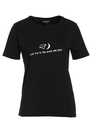 Musta puuvillainen t-paita, jossa on lyhyet hihat, pyöreä kaula-aukko ja valkoinen painettu teksti "LOVE YOU TO THE MOON AND BACK" sekä sydän- ja sirppikuun kuvio.