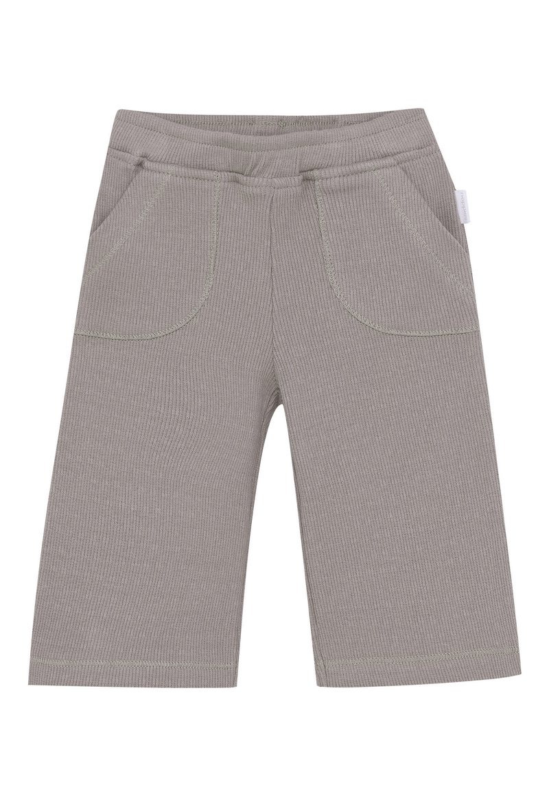 Grijze geribbelde gebreide peuterbroek met elastische tailleband en twee vo pockets, rechte pijpen.