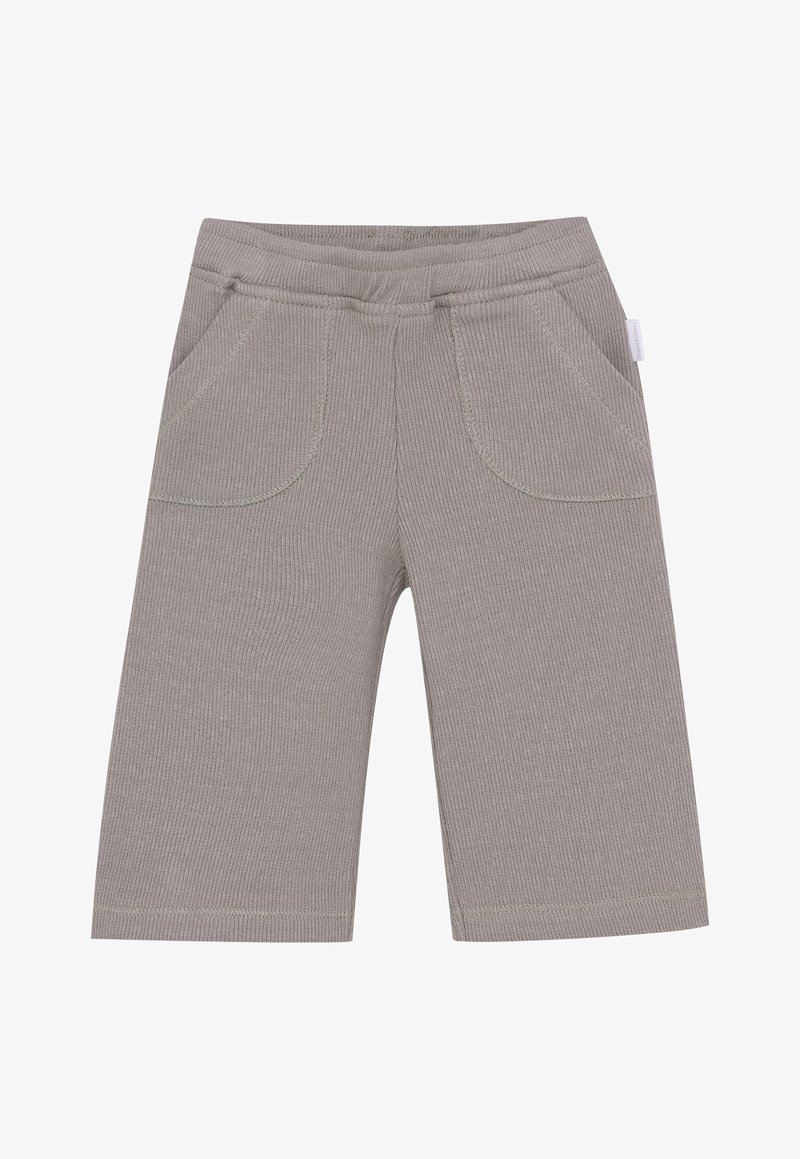 Grijze geribbelde gebreide peuterbroek met elastische tailleband en twee vo pockets, rechte pijpen.