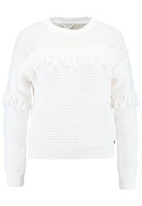 Weißer Strickpullover mit strukturiertem Muster, Fransenverzierungen an den Ärmeln, rundem Ausschnitt sowie geripptem Saum und Bündchen.